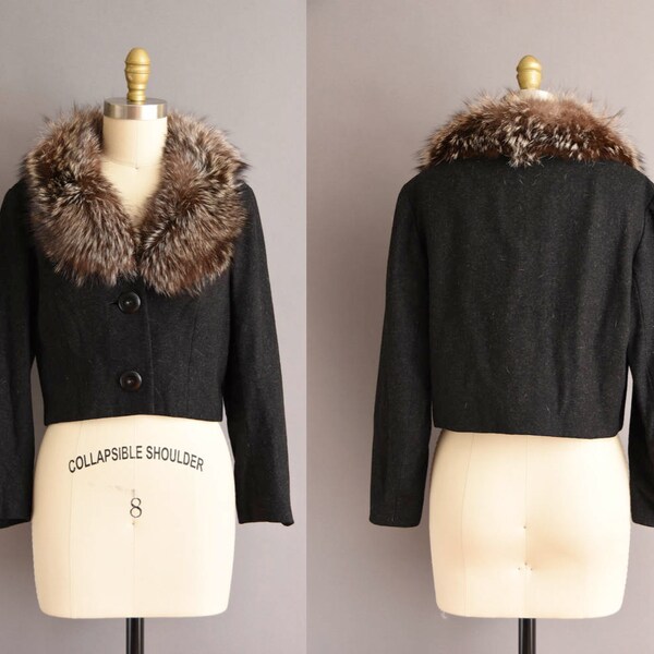 50s fox fur cropped vintage jacket. 1950s dark gray vintage jacket