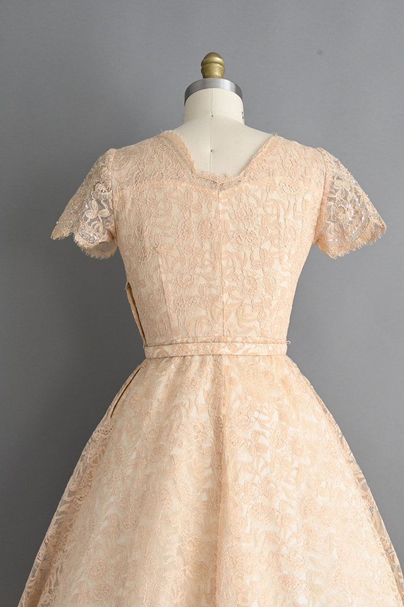 vintage 1950s Dress Vintage Sparkly Champagne Lace Cocktail Full Skirt Dress Small zdjęcie 9