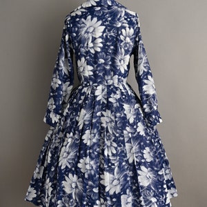 vintage 1960s Dress Vintage Navy Blue Floral Long Sleeve Shirt Waist Dress Medium Large image 8