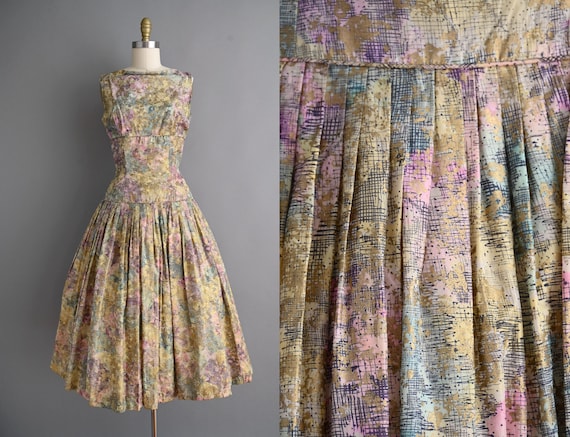vintage 1950s Dress | Gold Painted Theo of California Pastel Pleated Full Skirt Dress | Small Medium