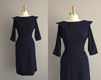 vintage 1950s dress | Gorgeous Navy Blue Wool Cocktail Party Wiggle Dress | Large | 50s dress