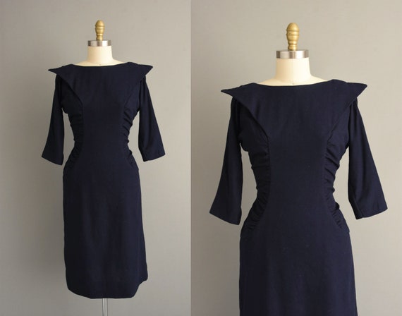 vintage 1950s dress | Gorgeous Navy Blue Wool Coc… - image 1