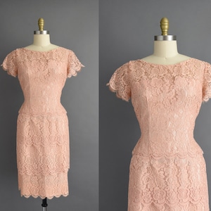 1950s vintage dress | Lilli Diamond Dusty Pink Lace Bridesmaid Cocktail Party Wiggle Dress | Large