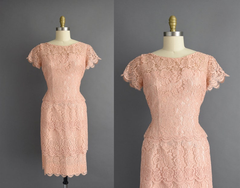 1950s vintage dress Lilli Diamond Dusty Pink Lace Bridesmaid Cocktail Party Wiggle Dress Large 50s dress image 1