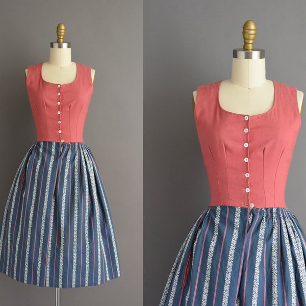 50s dress | Gorgeous Blue & Blue corset bodice full skirt cotton summer dress | XS | 1950s vintage dress