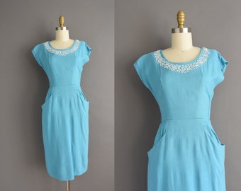 vintage 1950s | Beautiful Turquoise Blue Cotton Linen Cocktail Party Wiggle Dress | Small | 50s dress