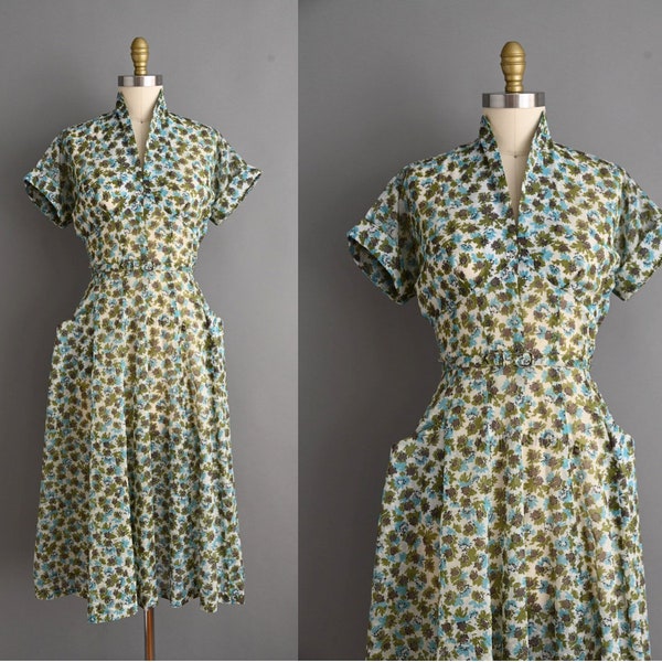 vintage 1950s Dress | Vintage Green & Blue Floral Print Shirtwaist Dress | Medium