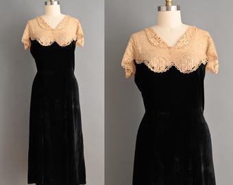 Vestido vintage de los años 30 / Vestido de fiesta de cóctel de terciopelo negro antiguo con encaje / Grande
