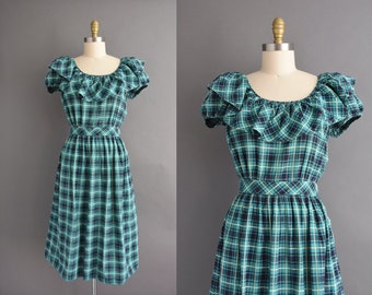 vintage 1950s dress | Adorable Plaid Print Puff Sleeve Full Skirt Cotton Dress | Small