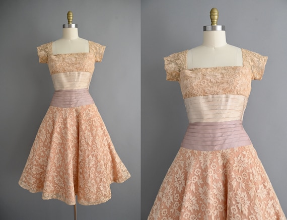Vintage 1950s Dress | Designer Oleg Cassini Champagne Lace Full Skirt Dress  | Medium