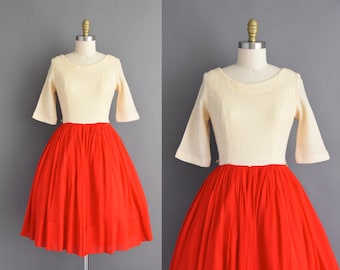 1950s vintage dress | Medium | Christmas holiday party red chiffon dress | 50s dress