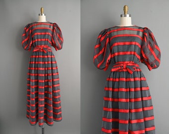 vintage 1980s Puff Sleeve Stripe Party Dress - Small