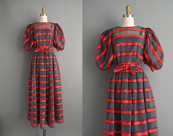 vintage 1980s Puff Sleeve Stripe Party Dress - Sm… - image 1