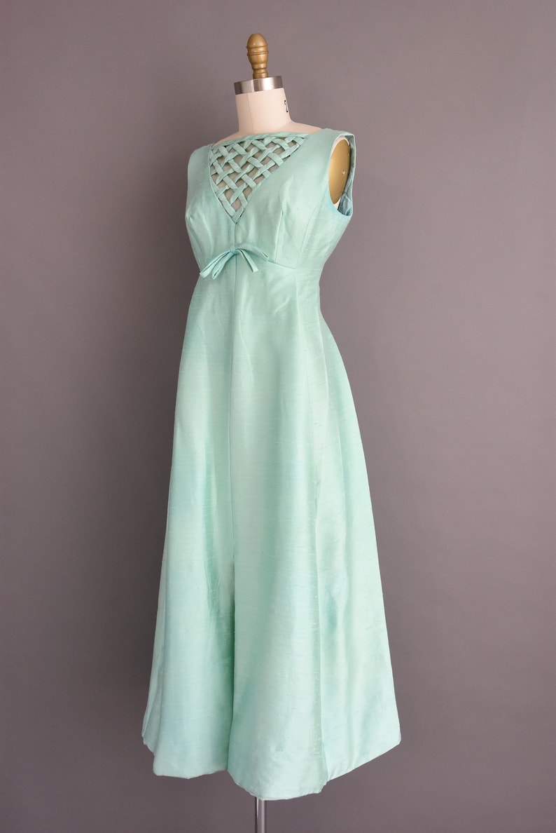 1960s vintage dress Mint Blue Silk Lattice Cocktail Party Bridesmaid Wedding Dress Medium image 8