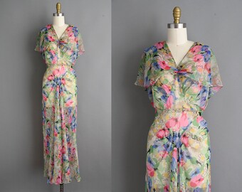 vintage 1930s Dress | Rare Vintage Garden Party Silk Fluttery Chiffon Bias Floral Print Spring Summer Dress | Small