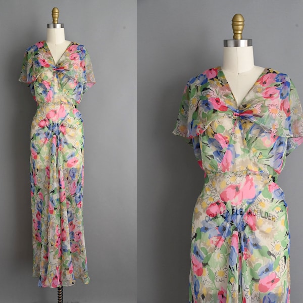 vintage 1930s Dress | Rare Vintage Garden Party Silk Fluttery Chiffon Bias Floral Print Spring Summer Dress | Small