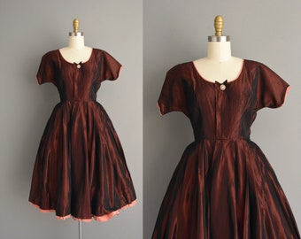 1950s vintage dress | Gorgeous Rusty Red Sweeping Full Skirt Cocktail Party Dress | Small | 50s dress