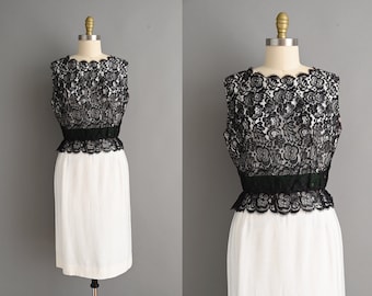 vintage jaren 50-jurk | Zwarte kanten witte katoenen VLV-cocktailjurk | Gemiddeld Groot