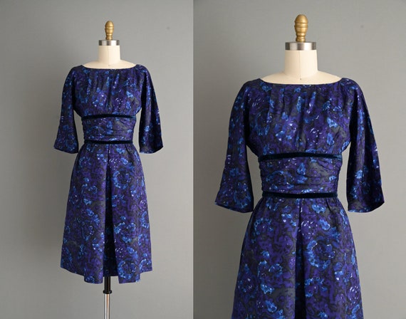 1950s vintage dress | Black & Blue Abstract Silk … - image 1