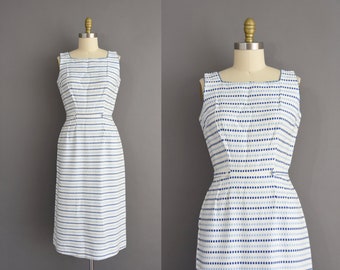 vintage 1950s dress | White cotton Blue stripe Day Dress | Small