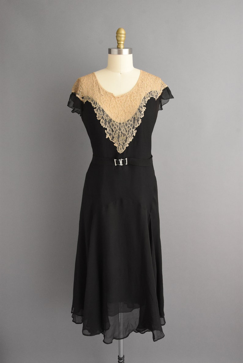 vintage 1920s antique black chiffon lace flapper dress Large image 2