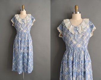 vintage 1950s dress | Brief Measure Blue Plaid Print Cotton Ruffle Lace Dress | Small - Medium
