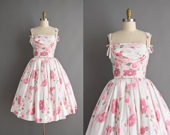 Vintage 1950s Dress | Polished Cotton Pink Rose Print Full Skirt Summer Sun Dress | Medium
