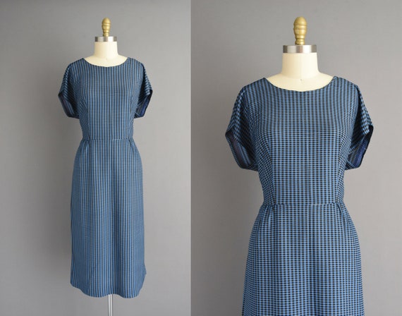 50s dress | Blue & Black plaid print short sleeve