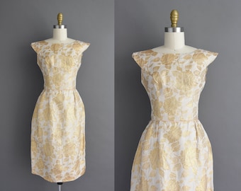 1950s vintage dress | Gorgeous Sparkly Gold Rose Floral Print Cocktail Party Bridesmaid Wedding Dress | XS Small | 50s dress