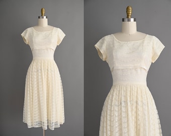 vintage jaren 50-jurk | Ivoorkleurige kanten feestjurk met korte mouwen voor bruidsmeisjes | Klein