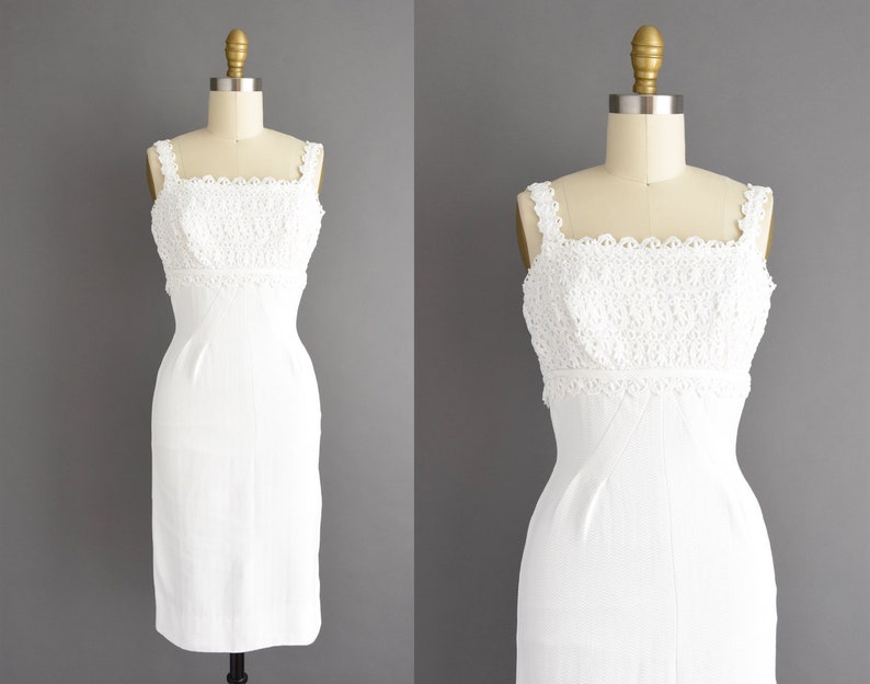 vintage 1950s dress - Size XS - Carol Craig white cotton cocktail bridesmaid wedding wiggle dress - 50s dress