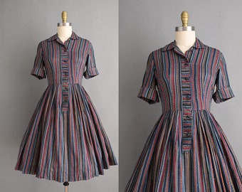 vintage 1950s dress | Rainbow Textured Cotton Shirtwaist Full Skirt Dress | Medium