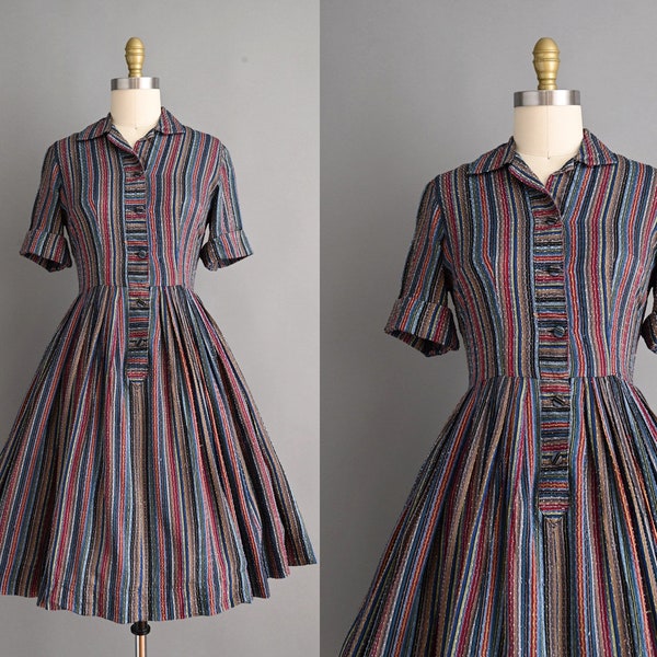 vintage 1950s dress | Rainbow Textured Cotton Shirtwaist Full Skirt Dress | Medium