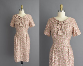 vintage 1950s Pink & Brown Floral Print Cotton Day Dress | Medium |