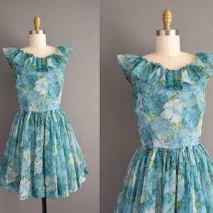 sukienka vintage z lat 50. | Piękna, powiewająca, kwiecista, szyfonowa sukienka koktajlowa mini na imprezę | XS