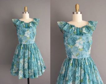 vintage 1950s dress | Gorgeous Fluttery Floral Chiffon Cocktail Party Mini Dress | XS