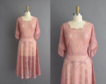 Vintage 1950s Rose Pink Rhinestone Lace Dress | Large