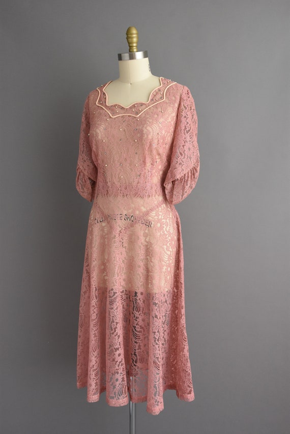 Vintage 1950s Rose Pink Rhinestone Lace Dress | L… - image 7