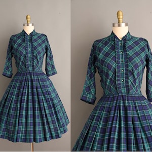 vintage 1950s Dress | Navy Blue & Green Plaid Print Cotton Shirtwaist Dress | Medium