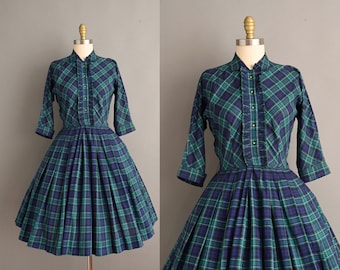 vintage 1950s Dress | Vintage Navy Blue & Green Plaid Print Cotton Shirtwaist Dress | Medium