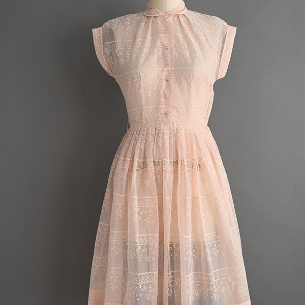 vintage 1950s dress | Vicky Vaughn Pastel Pink Shirtwaist Dress | Small