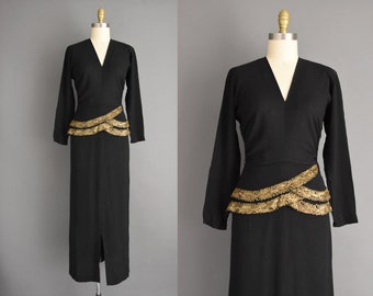 1940s vintage black rayon crepe gold lame long sleeve cocktail party dress | Small