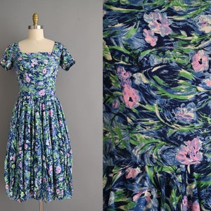 Vintage 1950er Jahre Kleid | Saks Fifth Ave Swarovski Original Aquarell Blumendruck Baumwollkleid | Mittel
