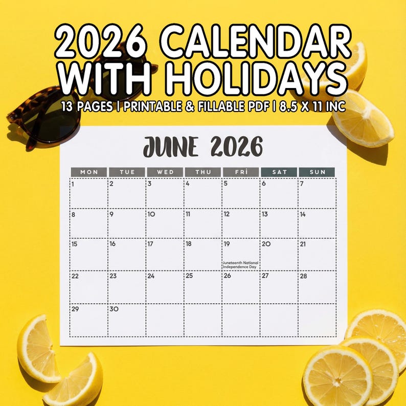 2026 Calendar With Holidays Printable PDF 8.5x11 Landscape | Fillable ...