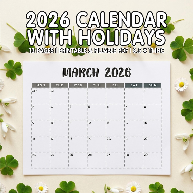 2026 Calendar With Holidays Printable PDF 8.5x11 Landscape | Fillable ...