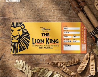Modèle de billet modifiable pour le Roi Lion pour Broadway | Révéler le cadeau de théâtre musical à imprimer | Toile modifiable