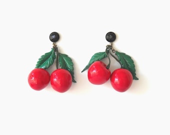 Large cherry earrings, Long Stud Red Statement Earrings, Bold Trendy fashion jewelry, Fruit Jewelry