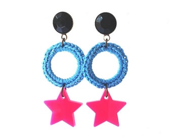 Star Earrings, Pink Earrings Turquoise, Hoop Earrings, Statement Earrings Bold, Dangle Earrings Drop, Colorful Earrings, Laser Cut Earrings