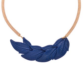 Blue statement Leaf Necklace, Retro Bib Necklace, Gift for her