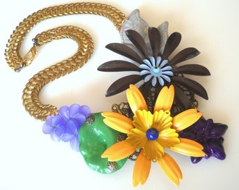 Yellow flower Necklace, Enamel Flower Necklace, Colorful Unique Necklace for women